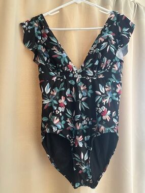 ModCloth Black One-Piece Swimsuit with Teal and Pink Floral